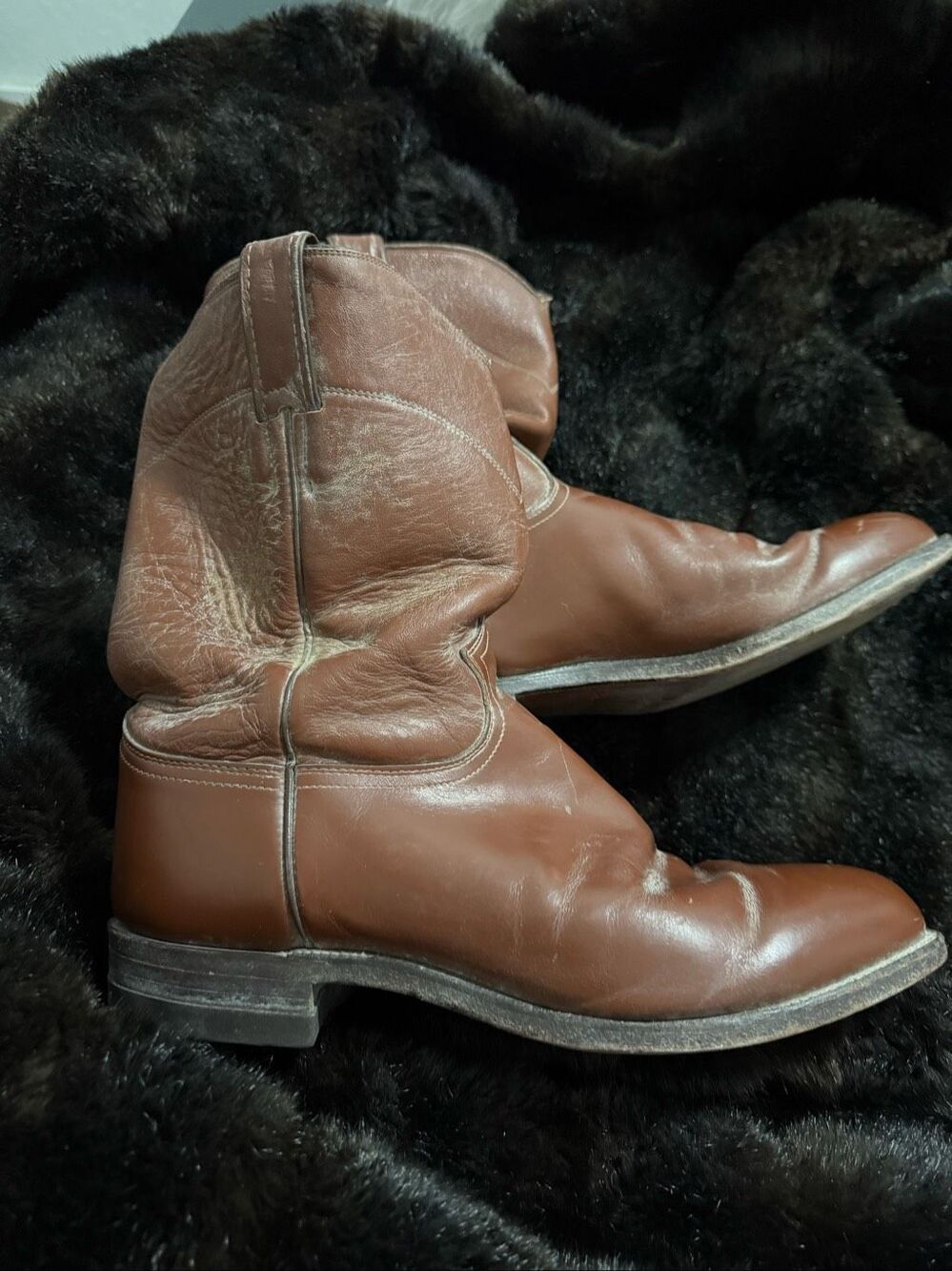 Justin 3802 Made In USA Roper Pull On Boots Brown Leather Men's Size 9.5 EE